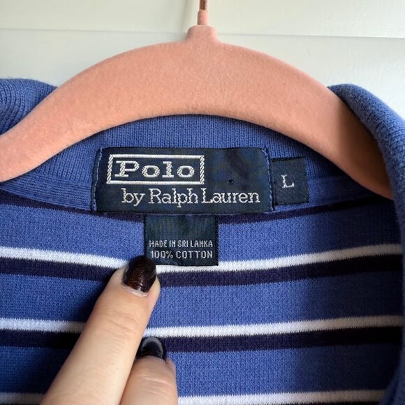 Vintage Polo by Ralph Lauren Pique Polo Shirt in Blue Navy White Stripe size L - Picture 3 of 5